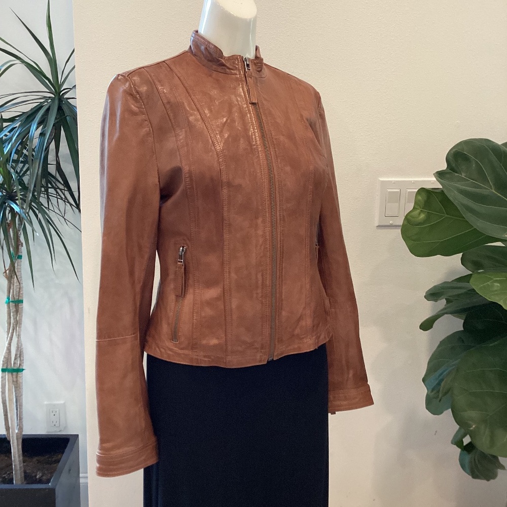 NEW BLACK RIVET CAMEL BROWN BIKER LEATHER JACKET SIZE S
